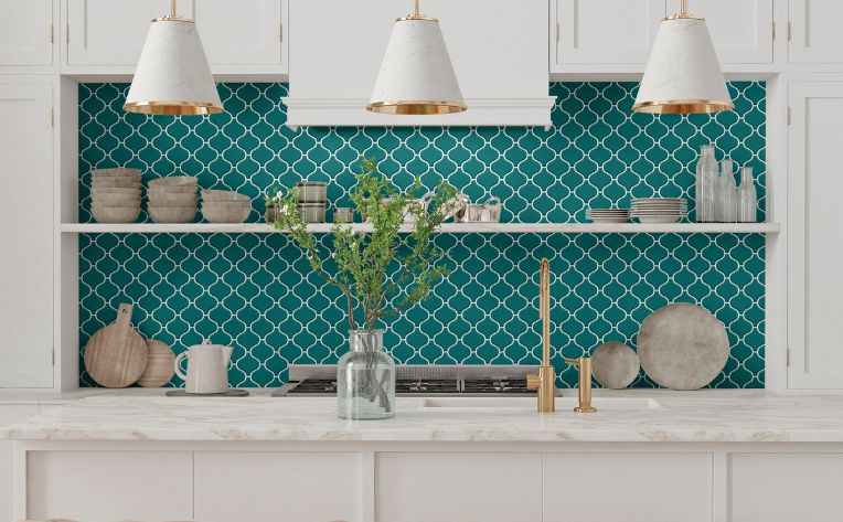 teal tile backsplash in kitchen